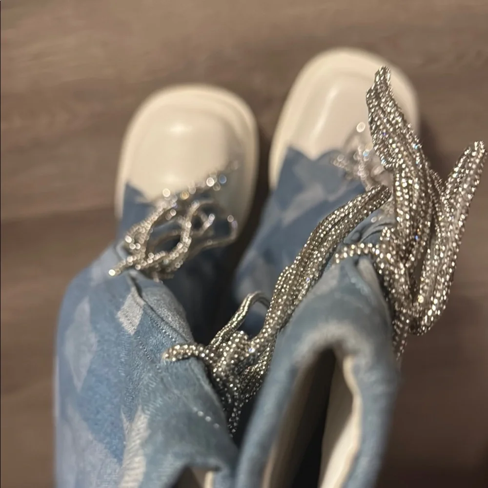 CAPE ROBBIN ❣️ Blue Jean Patterned Rhinestone Lace-Up Women's Boots Sz 7🤩